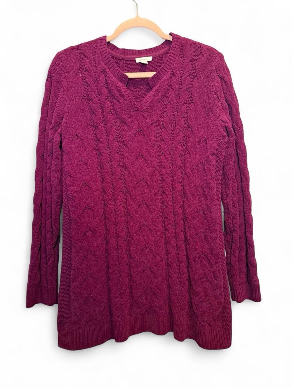 J Jill Split Neck Chenille Cable Knit Tunic Sweater Burgundy Magenta Medium